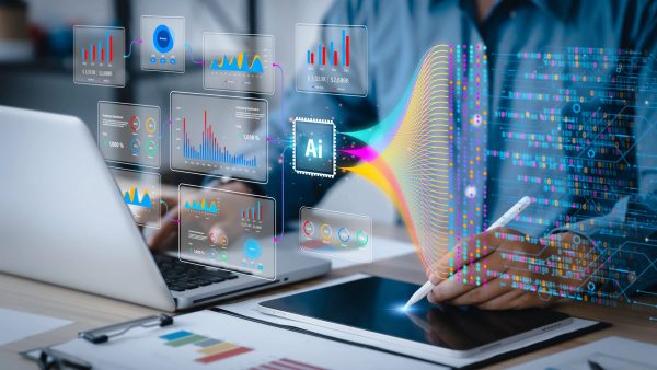 Data analysis science and big data with AI technology. Analyst or Scientist uses a computer and dashboard for analysis of information on complex data sets on computer. Insights development engineer  (Data analysis science and big data with AI technolo